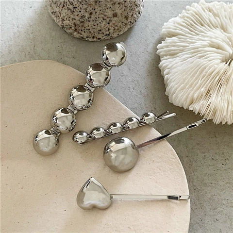 Barrettes à Cheveux Géométriques en Métal Argenté Minimaliste Style Ins Cœur Perle Ronde Creux Pince Bec de Canard pour Femmes Accessoires Cheveux Mode Coréenne