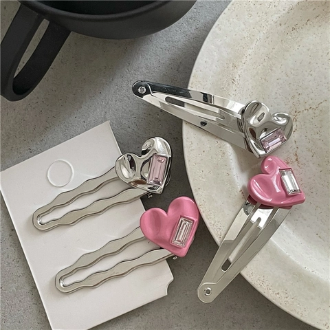 Süße Herzform Legierung Strass Haarspangen Rosa Silber Entenschnabel BB Clips Für Damen Mädchen Täglich Party Haarschmuck