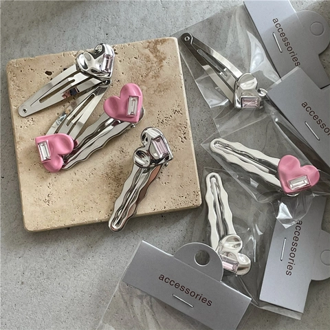 Süße Herzform Legierung Strass Haarspangen Rosa Silber Entenschnabel BB Clips Für Damen Mädchen Täglich Party Haarschmuck