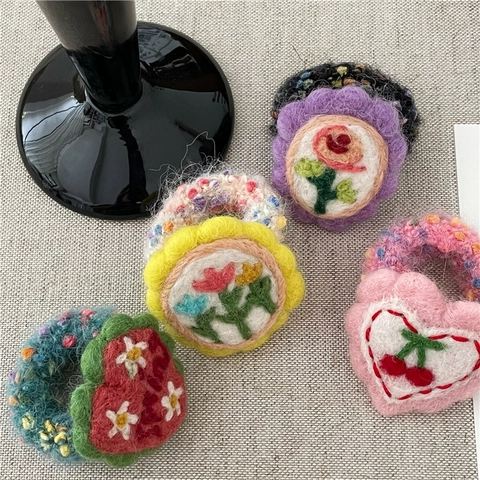 Handmade Wool Felt Flower Heart Hair Ties Embroidered Elastic Hair Rope Cute Plush Towel Loop Hair Band Accessories For Women