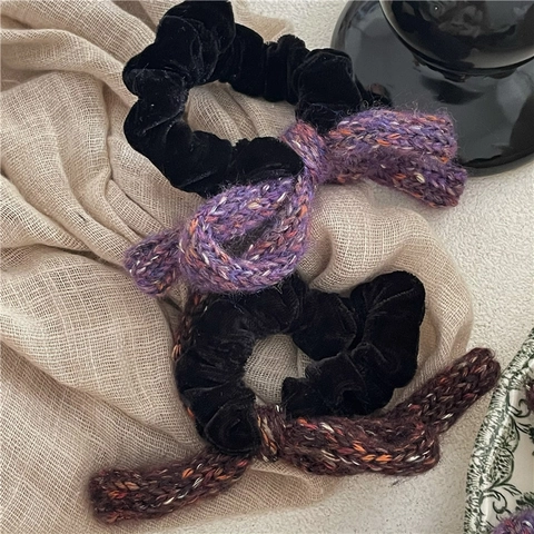 Elastici per Capelli in Velluto con Fiocco Autunno Inverno Fatti a Mano in Lana a Maglia Corda per Capelli Spessi in Velluto