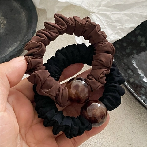 Vintage Leopard Print Beaded Scrunchie Fabric Hair Rope Retro Round Acrylic Bead Elastic Hair Band For Women Hair Accessories
