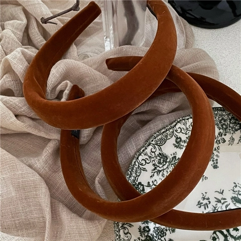 Women Vintage Solid Color Velvet Padded Headband Elegant Handmade Brown Coffee Hair Band Fashion Thickened Sponge Headwear