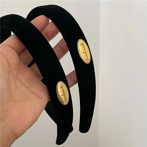 Cerchietto Imbottito in Velluto Nero Vintage per Donna Con Etichetta in Metallo Oro Fatto a Mano Fascia per Capelli Spessa Elegante