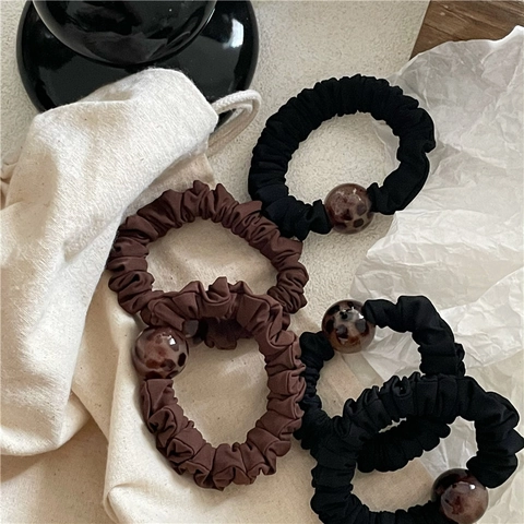 Vintage Leopard Print Beaded Scrunchie Fabric Hair Rope Retro Round Acrylic Bead Elastic Hair Band For Women Hair Accessories
