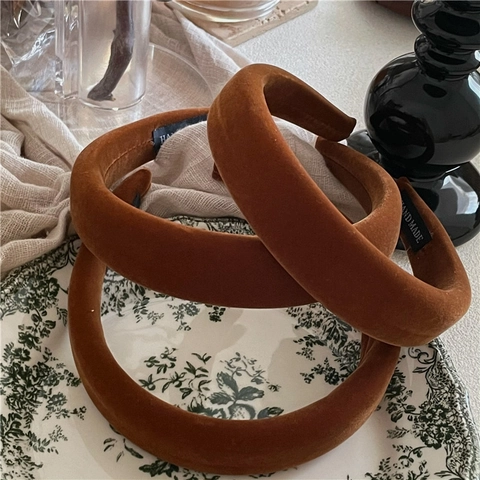 Women Vintage Solid Color Velvet Padded Headband Elegant Handmade Brown Coffee Hair Band Fashion Thickened Sponge Headwear