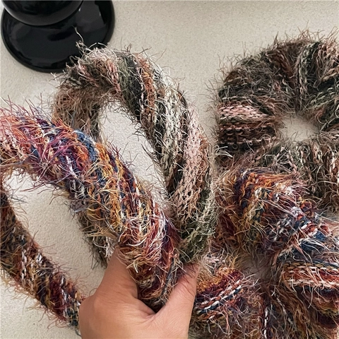Women Ethnic Style Colorful Stripe Plush Headband Textured Sponge Pleated Mixed Color Hair Tie Winter Hair Accessories