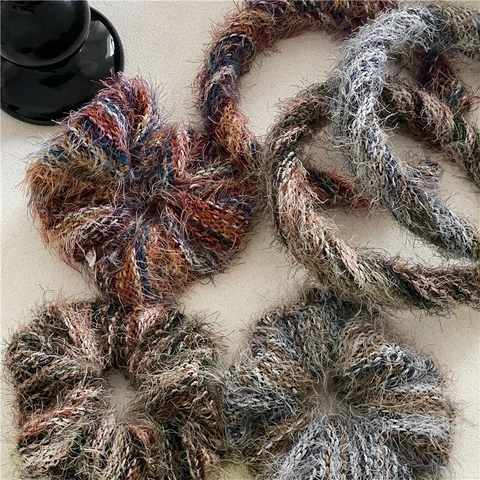 Women Ethnic Style Colorful Stripe Plush Headband Textured Sponge Pleated Mixed Color Hair Tie Winter Hair Accessories
