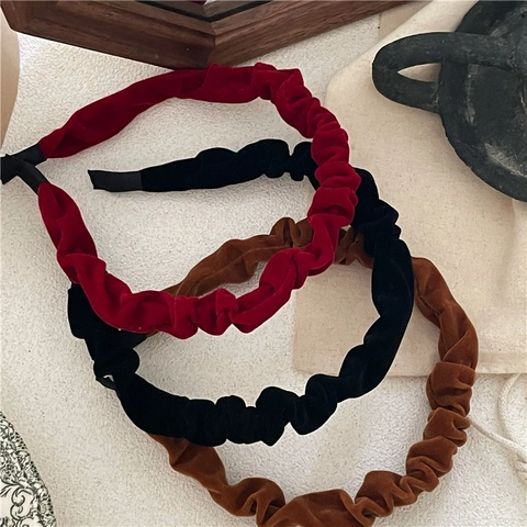 Vintage Gold Velvet Ruched Headband For Women Korean Style Pleated Hairband Solid Color Fashion Thin Version Head Hoop