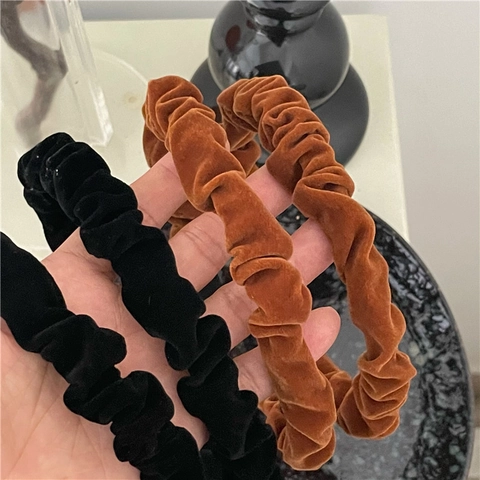 Vintage Gold Velvet Ruched Headband For Women Korean Style Pleated Hairband Solid Color Fashion Thin Version Head Hoop