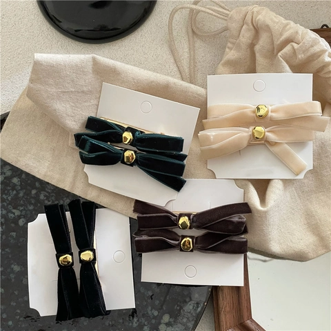 Barrettes à Cheveux Nœud Papillon en Velours pour Femmes Perle en Métal Doré Pinces Bec de Canard Style Coréen Automne Hiver Accessoires Cheveux