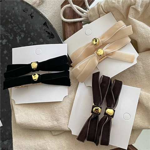 Barrettes à Cheveux Nœud Papillon en Velours pour Femmes Perle en Métal Doré Pinces Bec de Canard Style Coréen Automne Hiver Accessoires Cheveux