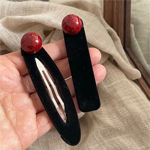 Fermagli per Capelli Retro in Velluto Floccato Nero Con Decorazione a Sfera Rossa Eleganti Pinze per Capelli Stile Francese per Donna Accessori