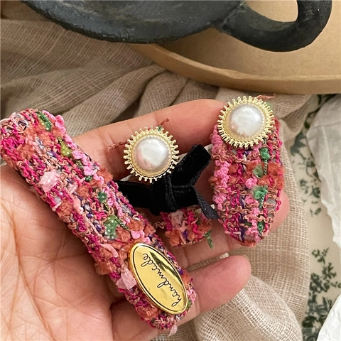 Vintage Rose Red Fabric Bow Hair Clip With Artificial Pearl Handmade Tweed Texture Bangs Clip For Women Fashion Hair Accessories