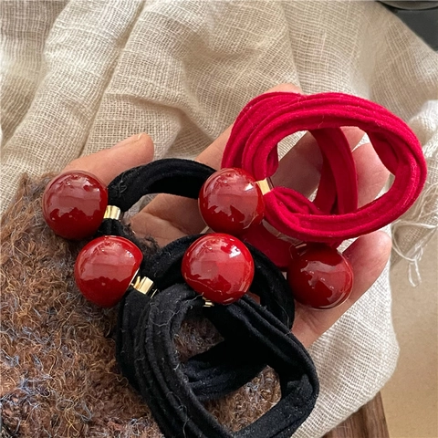 Dames Feestelijke Rode Ronde Kraal Elastische Haarelastiek Hoge Elasticiteit Gebreide Haartouw Basis Paardenstaart Houder Mode Haaraccessoire