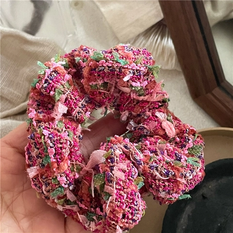 Handgefertigt Rosarot Wolle Stoff Scrunchie Hohe Elastizität Mehrfarbig Gemischt Strick Haargummi Für Damen Mode Haarschmuck