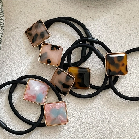 Retro Geometric Square Fabric Hair Tie With Alloy Frame High Elastic Ponytail Holder Elegant Styling Accessory For Women