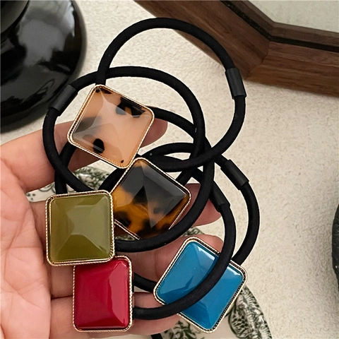 Retro Geometric Square Fabric Hair Tie With Alloy Frame High Elastic Ponytail Holder Elegant Styling Accessory For Women