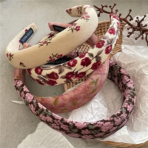 Serre-tête Rembourré à Imprimé Fleuri Vintage pour Femmes Style Coréen Doux Large Anneau de Cheveux en Tissu Accessoires de Cheveux de Mode
