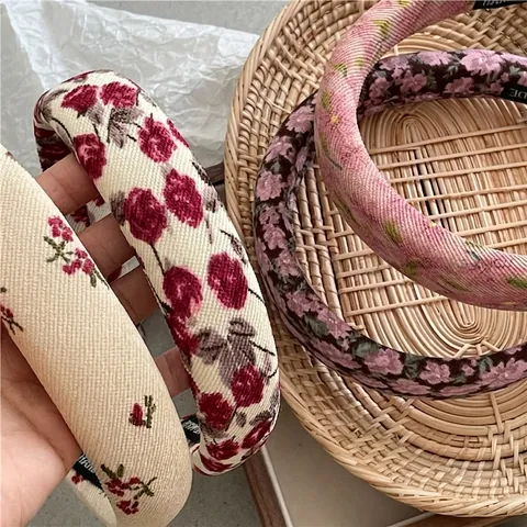 Serre-tête Rembourré à Imprimé Fleuri Vintage pour Femmes Style Coréen Doux Large Anneau de Cheveux en Tissu Accessoires de Cheveux de Mode