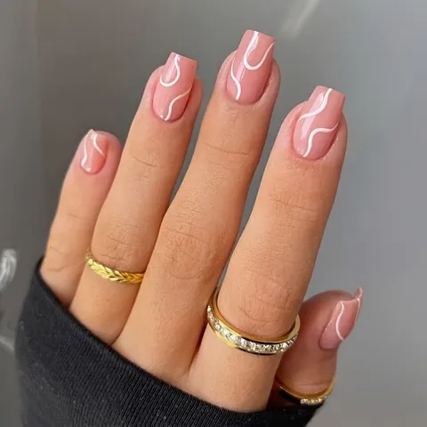 ABS Plastic French Minimalist Press On Nails For Women Medium Long Square False Nails With Glitter Lines Fashion Manicure Tool