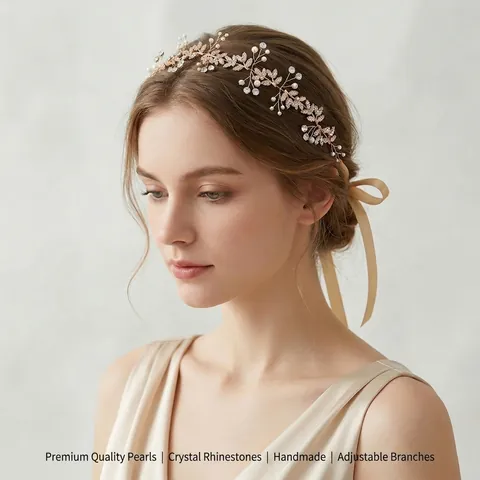Alloy Rhinestone Artificial Pearl Leaf Bridal Headband For Wedding Banquet Photography Handmade Elegant Floral Headpiece