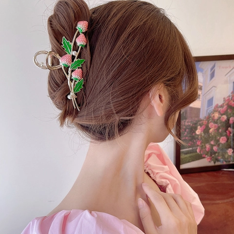 Damen Große Legierung Erdbeere Haargreifer Süße Emaille Frucht Haarklammer Mit Künstliche Perlen Akzenten Für Dickes Haar Styling Zubehör