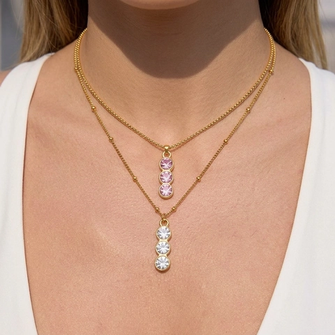 Collar De Acero Inoxidable Con Circón Colgante Vertical De 3 Piedras Cadena De Cuentas Joyería Hipoalergénica Para Mujer