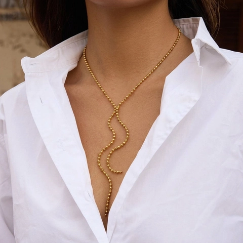 Geometric Bead Chain Necklace 18K Gold Plated Stainless Steel Long Tassel Sweater Chain Women Minimalist Daily Jewelry