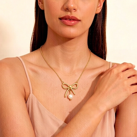 Elegant Bowknot Pendant Necklace Stainless Steel 18K Gold Plated Round Artificial Pearl Drop Fashion Jewelry Accessory For Women