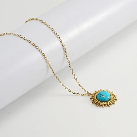 Collana Con Ciondolo Girasole Acciaio Inossidabile Placcato Oro 18K Turchese Tondo Medaglione Solare Gioielli Boho Per Donna