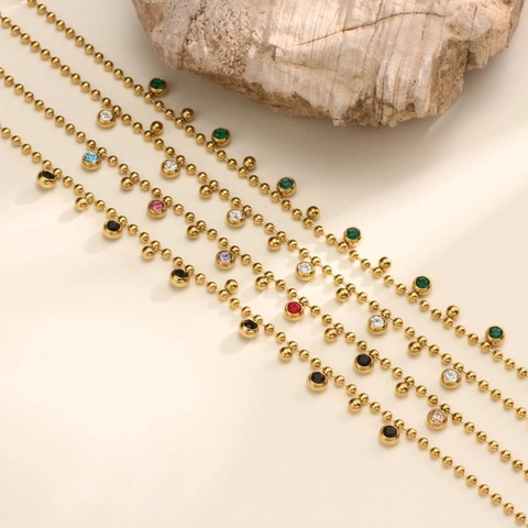 Vintage Stainless Steel Gold Plated Ball Chain Necklace With Colorful Round Rhinestone Charms For Women Party Jewelry