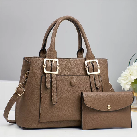 Borsa a Mano in Pelle PU Grana Litchi Grande Capacità Con Pochette Coordinata Tote Minimalista Borsa a Tracolla Donna Lavoro