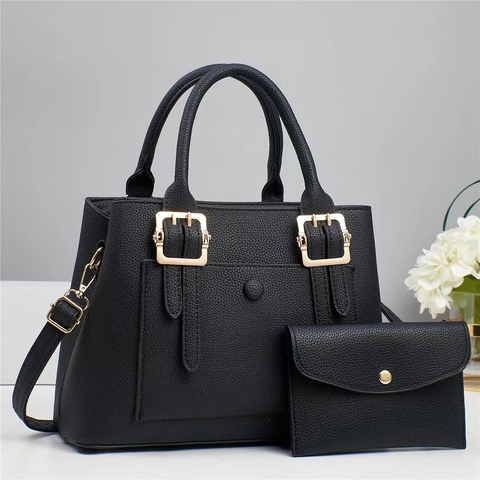 Borsa a Mano in Pelle PU Grana Litchi Grande Capacità Con Pochette Coordinata Tote Minimalista Borsa a Tracolla Donna Lavoro