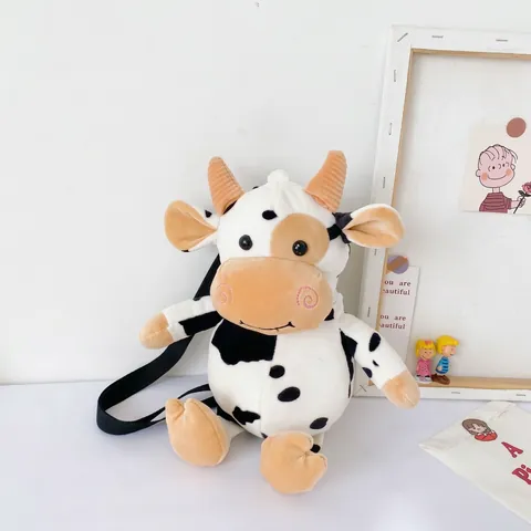 Cute Cow Shape Plush Crossbody Bag Cartoon Animal Soft Shoulder Purse For Kids Toddlers Kawaii Daily Accessory