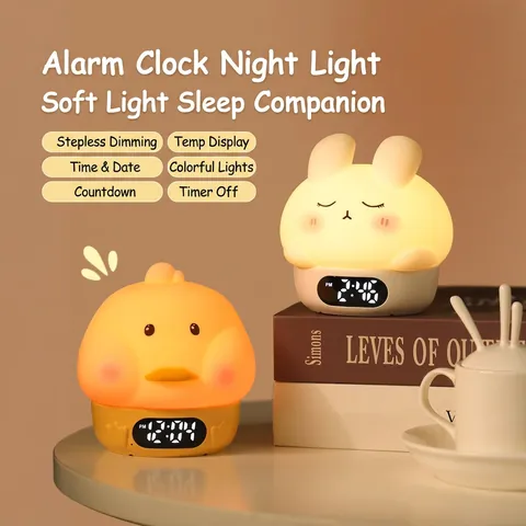 Reloj Despertador Digital Conejo Luz Nocturna Silicona Control Táctil Pantalla Temperatura Recargable LED Niños