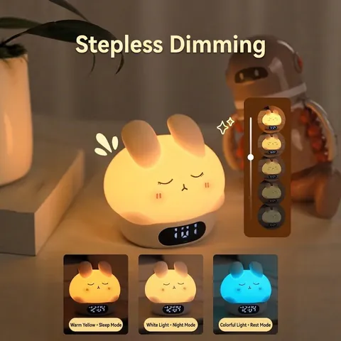 Reloj Despertador Digital Conejo Luz Nocturna Silicona Control Táctil Pantalla Temperatura Recargable LED Niños