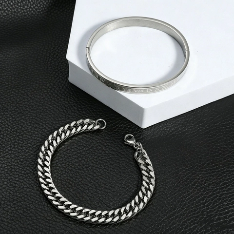 Edelstahl Armreif Und Panzerkette Armband Römische Zahlen Hip Hop Punk Schmuck Für Damen Und Herren Unisex