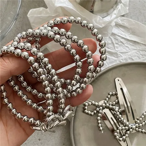Zilveren Kralen Haarelastiek Met Strikdecoratie Legering Spiegelafwerking Plastic Kralen Elastische Haarelastieken Strik BB Haarclips Vrouwen Sieraden