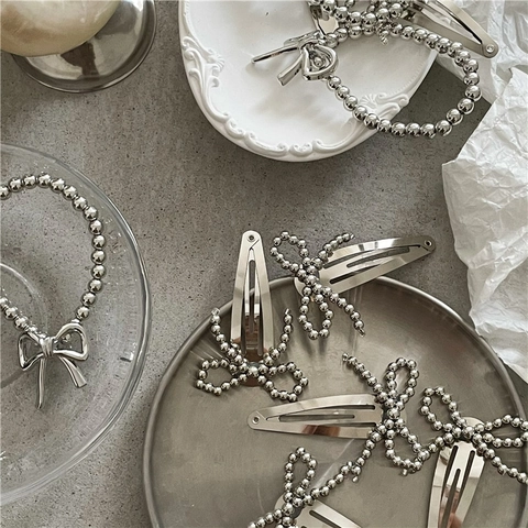 Zilveren Kralen Haarelastiek Met Strikdecoratie Legering Spiegelafwerking Plastic Kralen Elastische Haarelastieken Strik BB Haarclips Vrouwen Sieraden