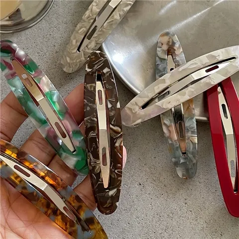Elegante Fermaglio per Capelli Ovale in Acetato Minimalista Texture Marmo Clip a Scatto Stile Coreano Versatile Clip Laterale Foglia di Salice Moda Donna