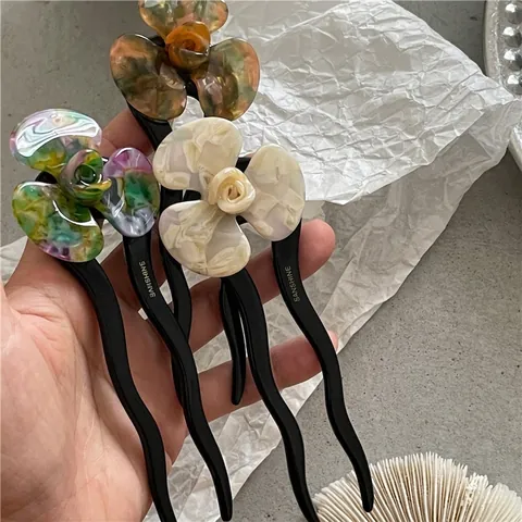 Eleganter Acetat Blume Haarstab U-förmige Wellen Haargabel Für Damen Vintage Bunter Marmor Blumen Haarnadel Zubehör