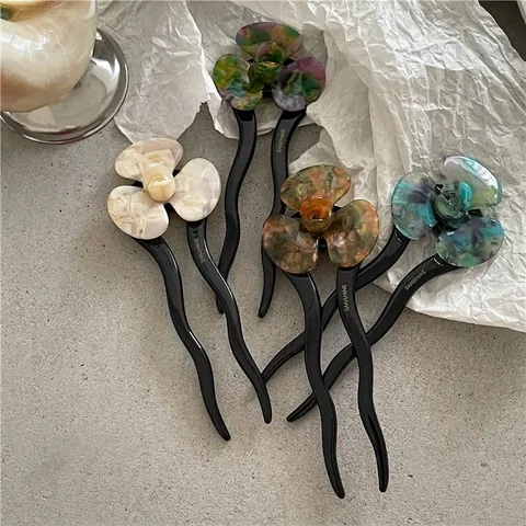 Eleganter Acetat Blume Haarstab U-förmige Wellen Haargabel Für Damen Vintage Bunter Marmor Blumen Haarnadel Zubehör