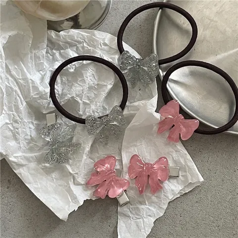 Set di Accessori per Capelli con Fiocco in Resina Molletta e Elastico Glitter Argento Rosa Clip a Becco d'Anatra per Donna