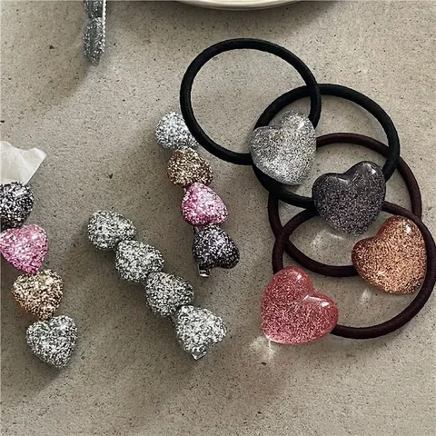 Korean Style Glitter Heart Hair Clips And Elastic Hair Ties Sparkling Sweet Heart Shape Hair Accessories For Women Daily Headwear