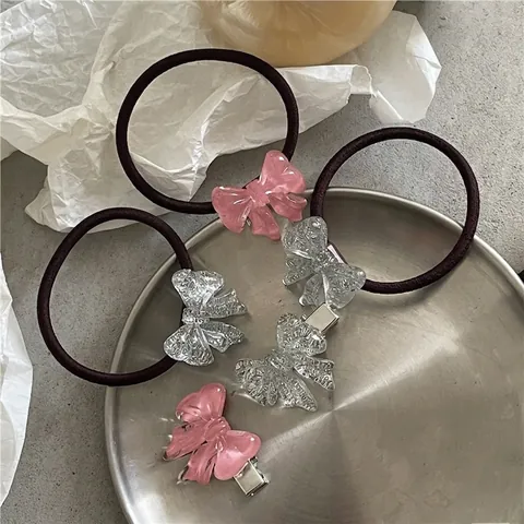 Set di Accessori per Capelli con Fiocco in Resina Molletta e Elastico Glitter Argento Rosa Clip a Becco d'Anatra per Donna