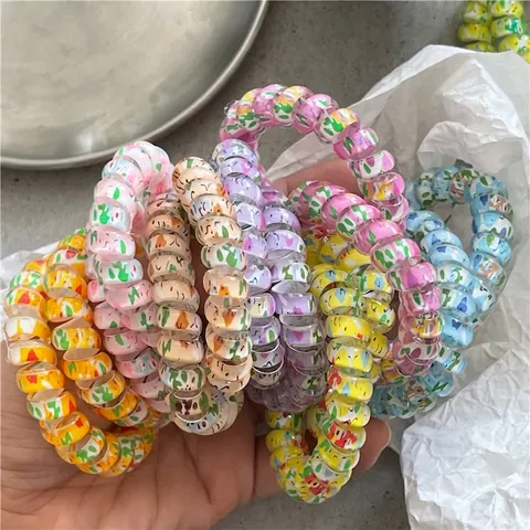 Colorful Graffiti Telephone Cord Spiral Hair Ties Elastic Plastic Resin Hair Rings Non-Damaging Ponytail Holder For Women Girls