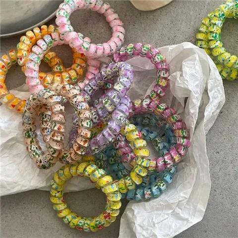 Colorful Graffiti Telephone Cord Spiral Hair Ties Elastic Plastic Resin Hair Rings Non-Damaging Ponytail Holder For Women Girls