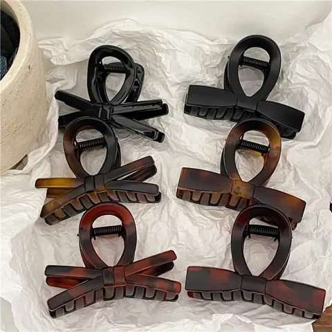 Vintage Tortoiseshell Bow Hair Claw Clip For Women Plastic Large Cross Hair Clamp Elegant Fashion Hair Accessories For Daily Wear