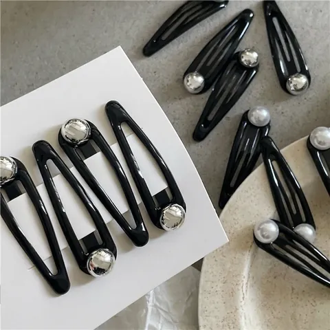 Fermagli per Capelli a Scatto in Metallo Nero Minimalista da Donna Con Künstliche Perle Perline Argento Goccia Clip BB Eleganti Mollette